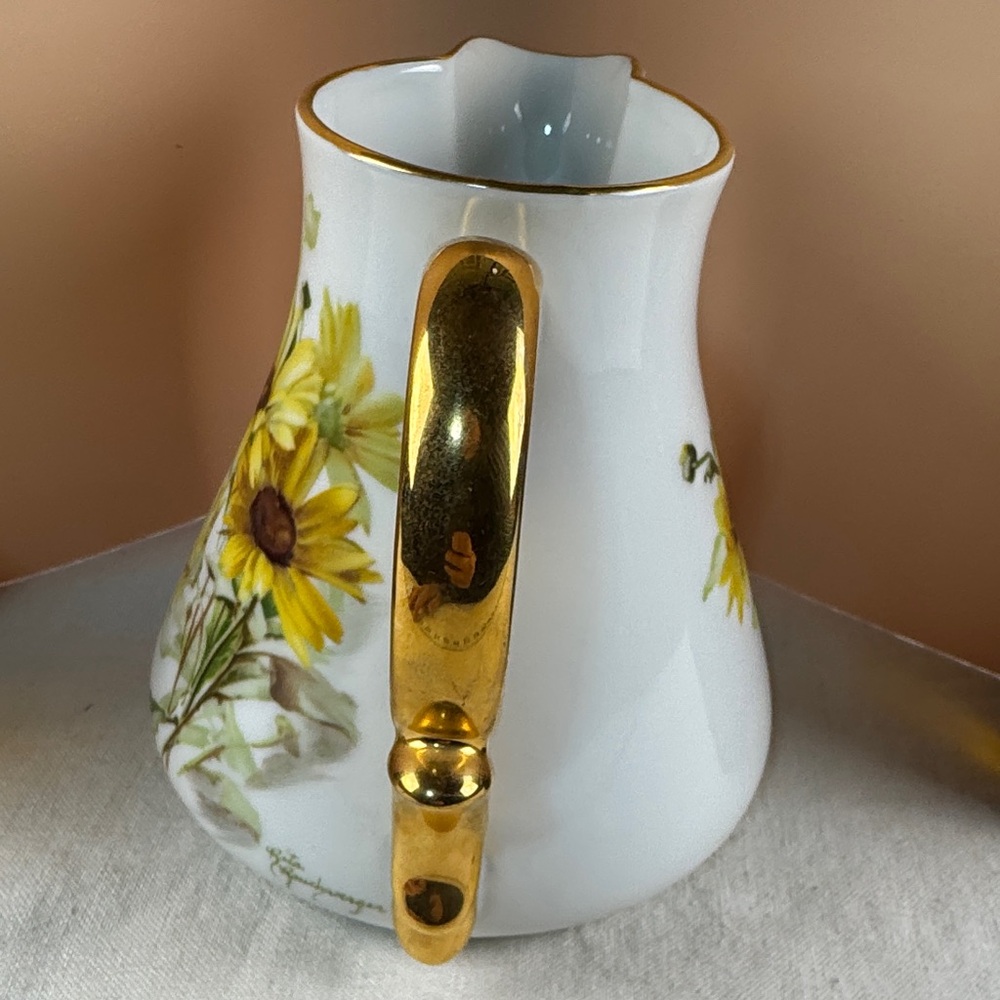 Rita Rauchwerger Hand Painted Floral Pitcher with Gold Handle - Picture 12 of 15